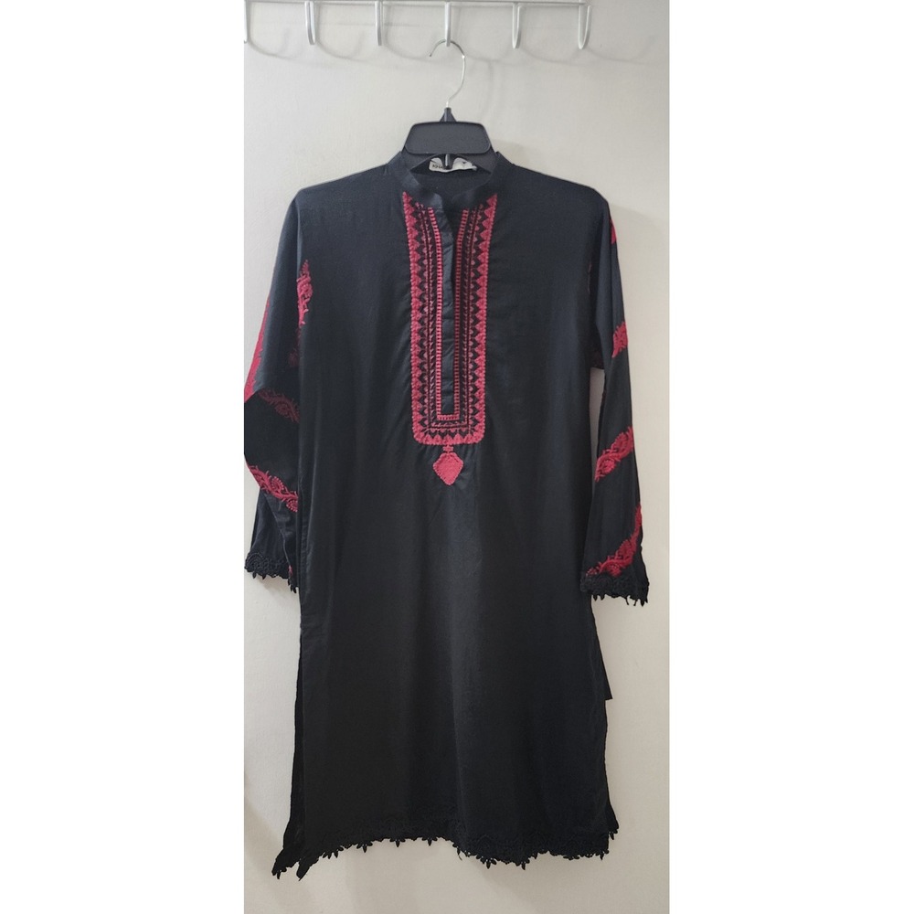Khaadi Black Embroidered Cotton Kurta Tunic Pink Floral Lace Trim Size 8